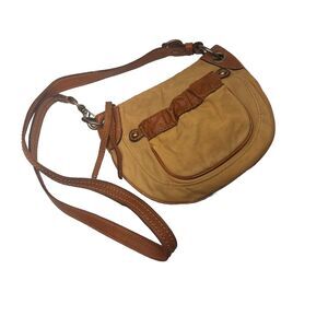Fossil Crossbody Bag Vintage Tan Brown Camel Leather Canvas Adjustable Purse